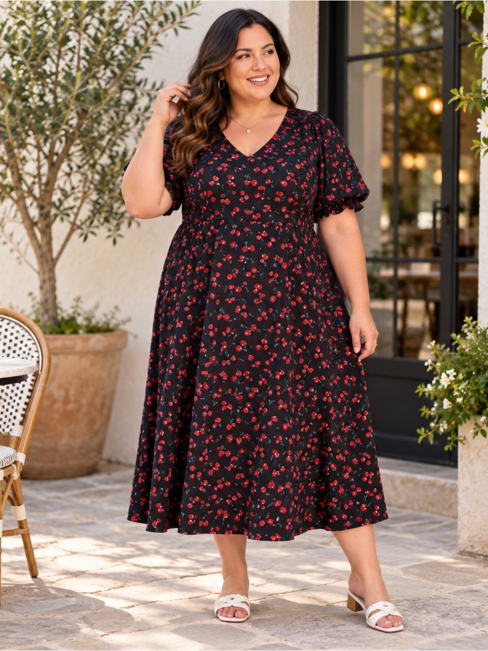 Ava & Viv Cherry Print Puff Sleeve Midi Dress Pockets NWT 1X